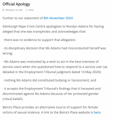 ERCC official apology to Ros Adams