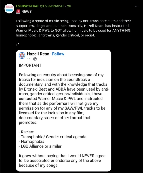 Gay icons Bronksi Beat call out LGBAlliance as a "fake gay rights group" and disapprove of them using Smalltown Boy