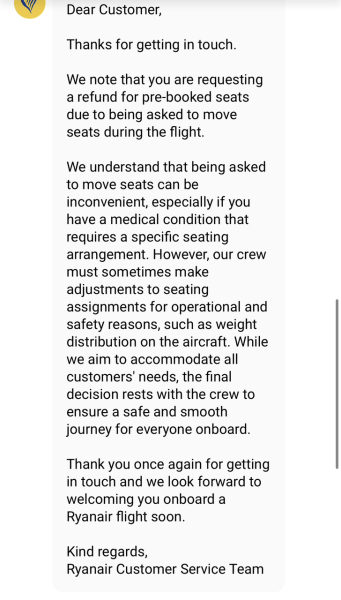 Paid for seats on Ryanair then told to move...would you complain?