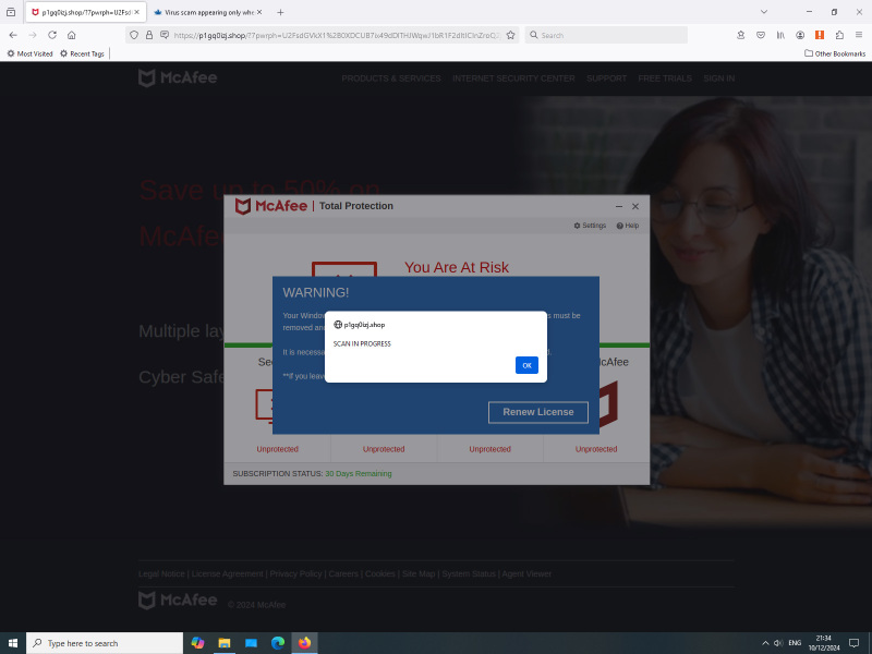 Virus scam appearing only  when on Mumsnet