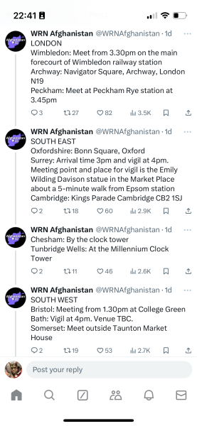 Silent vigils for Afghanistan women this weekend