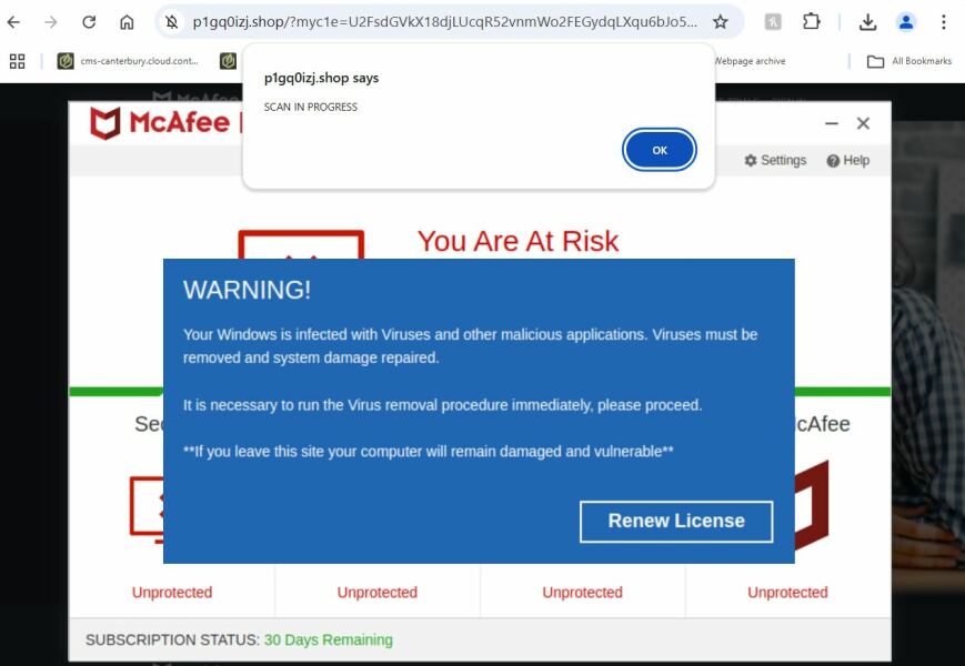 Virus scam appearing only  when on Mumsnet