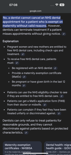 Dentist cancelled because of maternity exemption