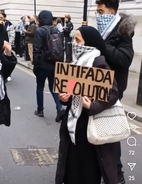 Pro-Palestinian demonstrators chant 'Intifada revolution' and 'UK government watch your back, Palestine is coming back'