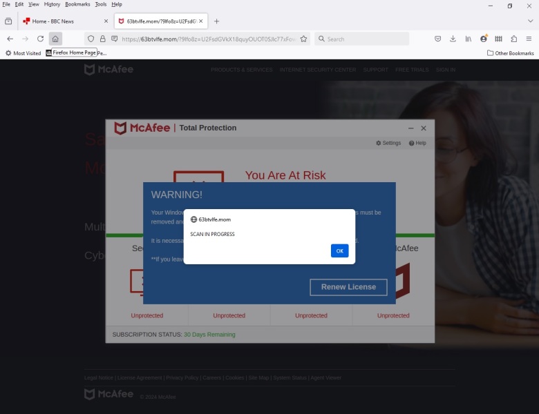 Virus scam appearing only  when on Mumsnet
