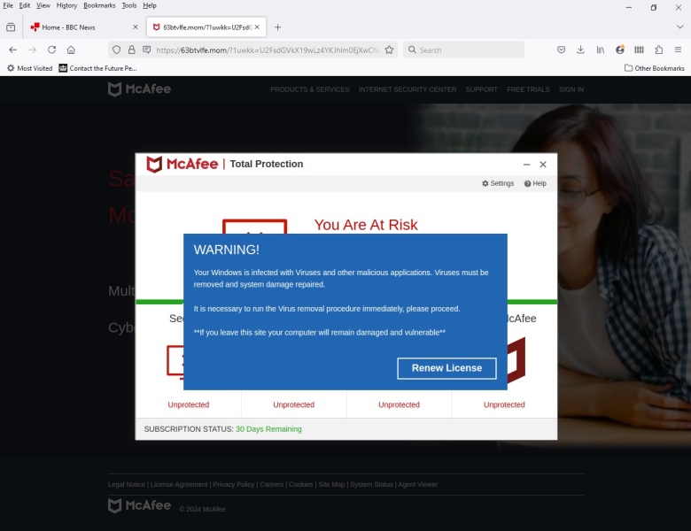 Virus scam appearing only  when on Mumsnet