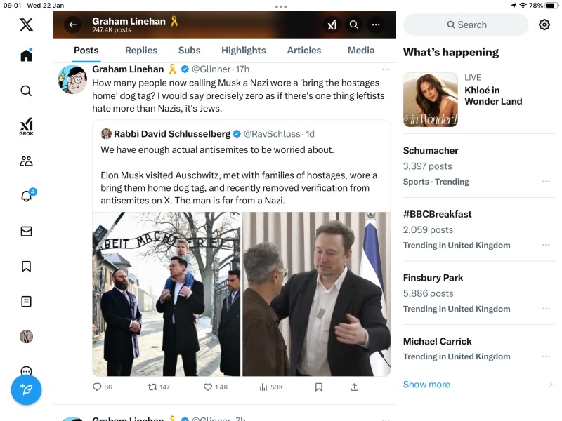 Julie Bindel and JK Rowling laughing about the Musk Nazi salute incident