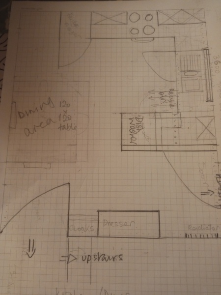 Moving kitchen into dining room.  Thoughts on this plan would be appreciated.