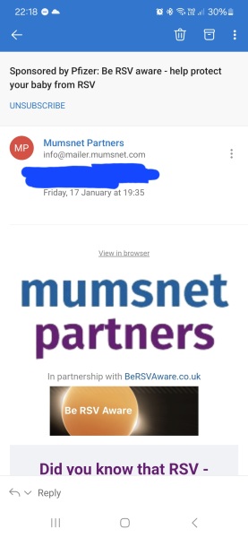 Pfizer advertising RSV on Mumsnet