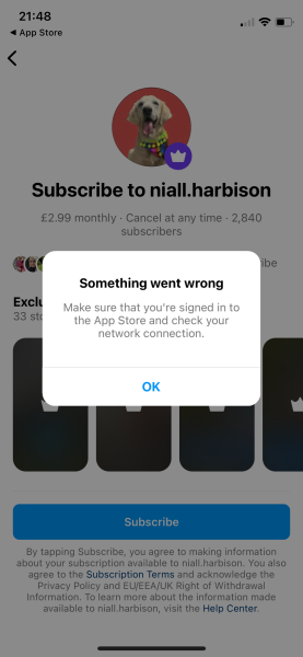 What am I doing wrong? Cannot subscribe to an Instagram account