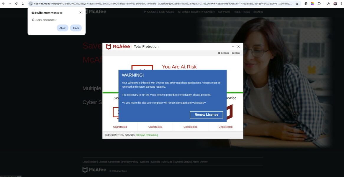 Virus scam appearing only  when on Mumsnet