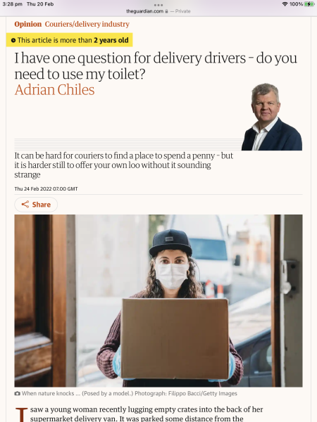 Delivery man using toilet