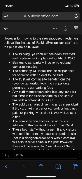 To be worried about the impact of parking eye enforcement at my local hospital, and place of work