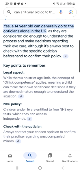 Can dd go to the opticians on her own