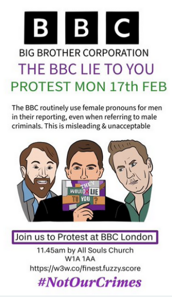 Protest at the BBC re mis-use of pronouns 17 February 2025  #NotOurCrimes