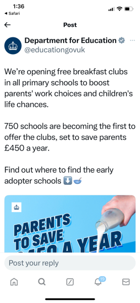 To wonder what will happen about the government's 'free' breakfast club proposal?!