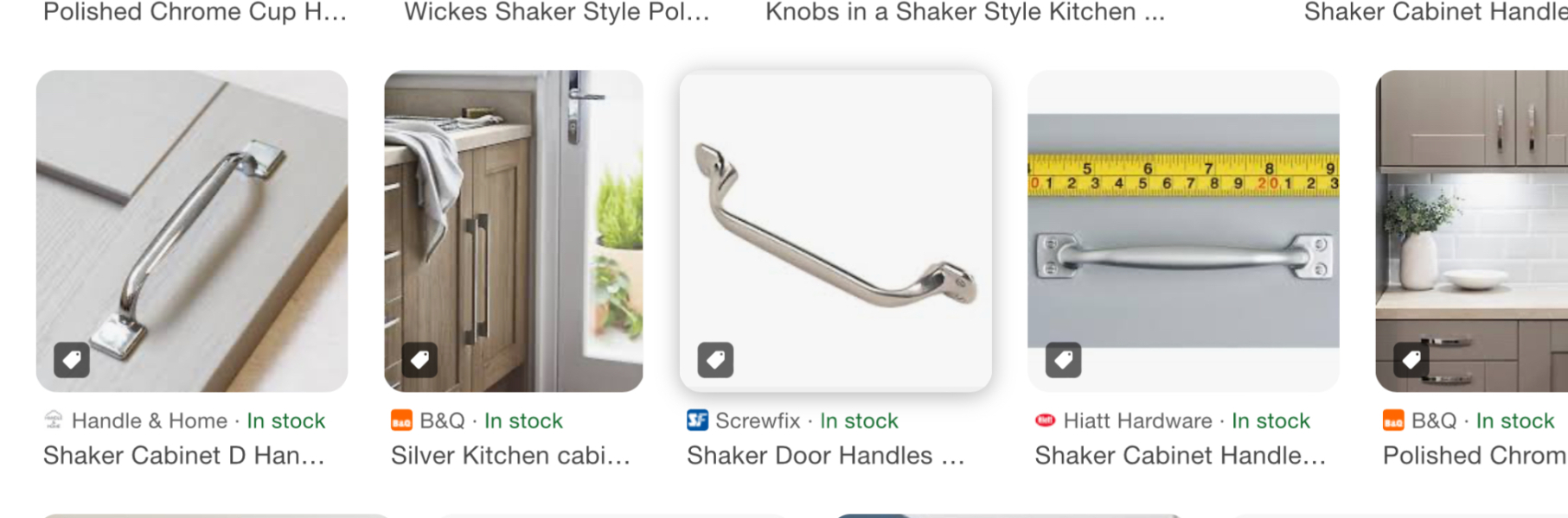 D Handles  or knobs and cups in shaker kitchen