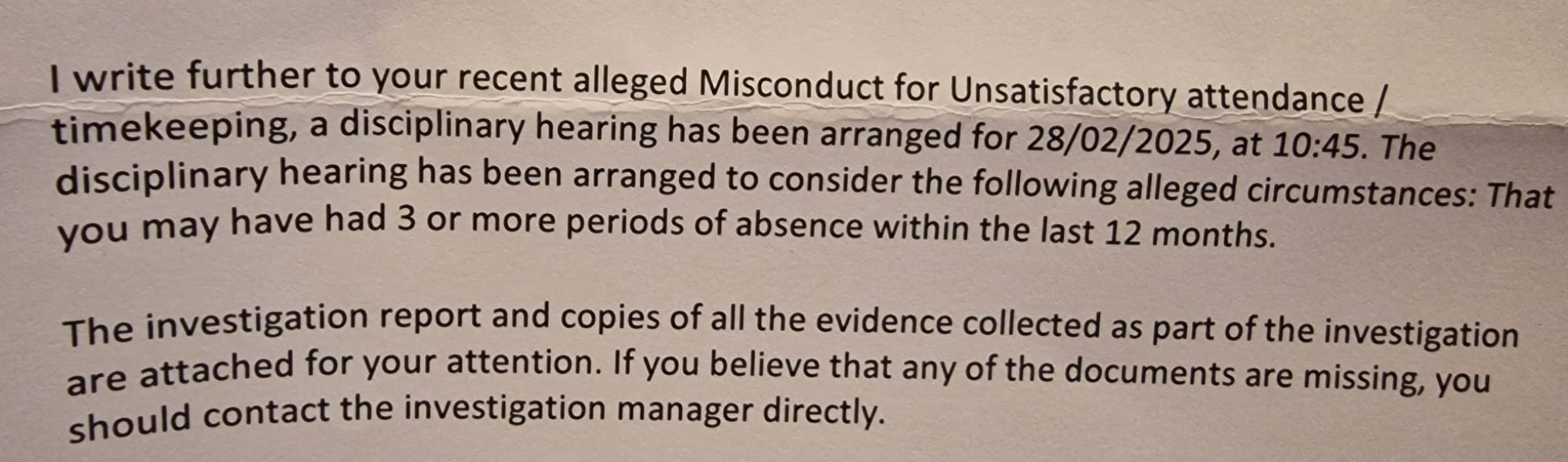 Son off sick 3 times in 12 months (6 days total) now has disciplinary meeting.