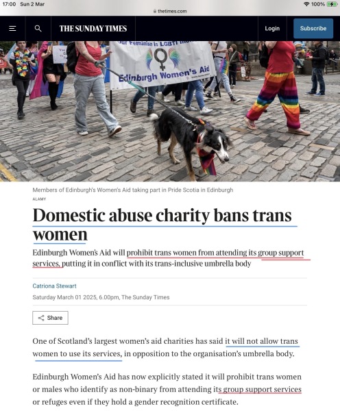 Edinburgh Women's Aid is to use the equality act exceptions