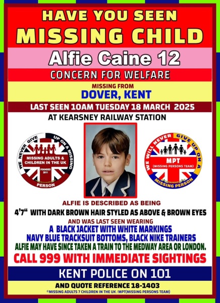 Missing 12 year old boy Alfie Caine