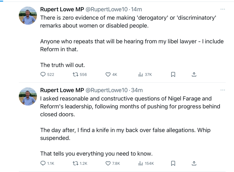 Rupert Lowe has the Reform whip suspended
