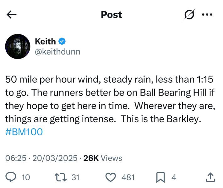 The Barkley Marathons 2024. Conch shell at the ready...