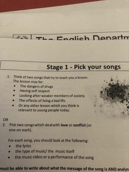 Please could you help with song choices for an English assessment