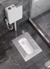 Help! She's standing on the toilet seat!!