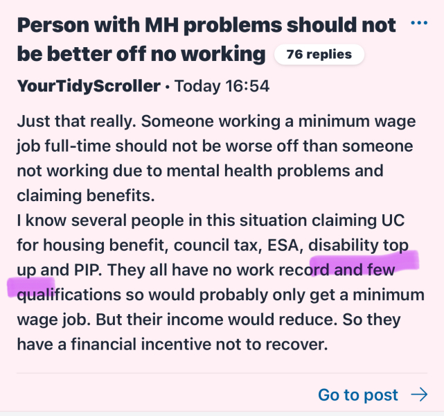 Person with MH problems should not be better off no working