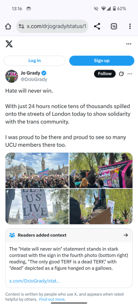 Jo Grady getting ratioed and community noted on Twitter.