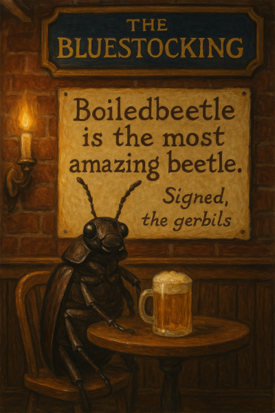 The Bluestocking Arms Women's Pub, where women make friends with Beetles, Androids, Cakes, Dragons, Hedgehogs and other women, where wit and wisdom flourish