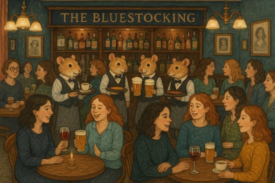 The Bluestocking Arms Women's Pub, where women make friends with Beetles, Androids, Cakes, Dragons, Hedgehogs and other women, where wit and wisdom flourish