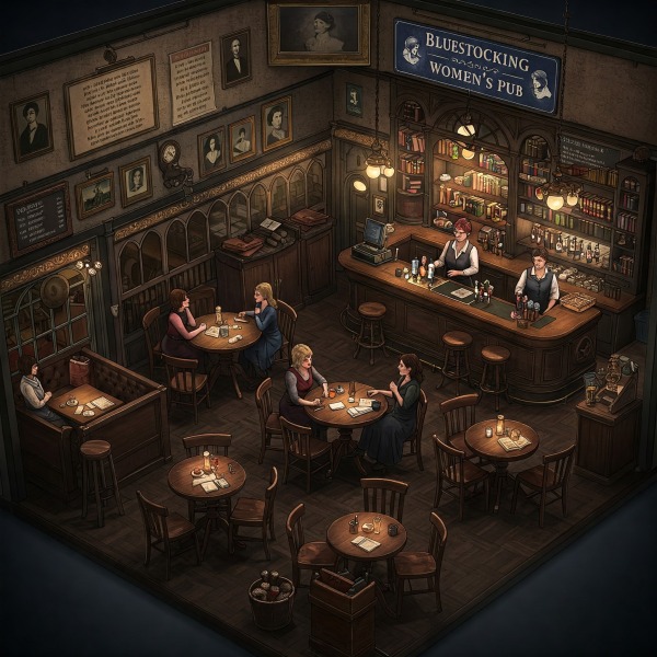 The Bluestocking Arms Women's Pub, where women make friends with Beetles, Androids, Cakes, Dragons, Hedgehogs and other women, where wit and wisdom flourish