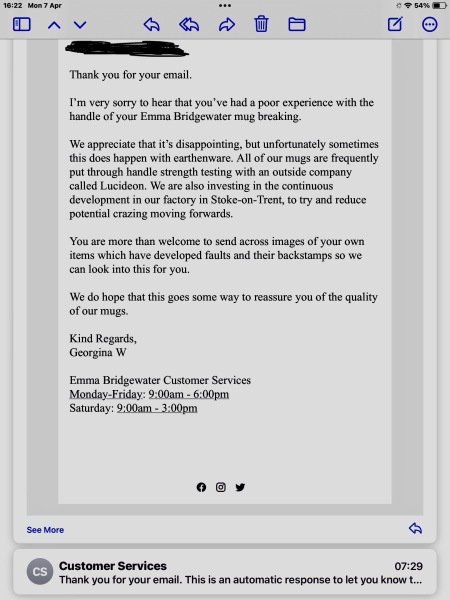 Emma Bridgewater mug handles keep dropping off!