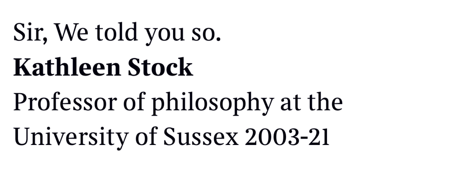 Kathleen Stock letter in the Times today