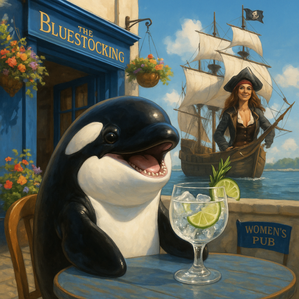 The Bluestocking Arms Women's Pub, where women make friends with Beetles, Androids, Cakes, Dragons, Hedgehogs and other women, where wit and wisdom flourish