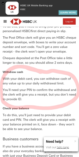 HSBC cash at post office