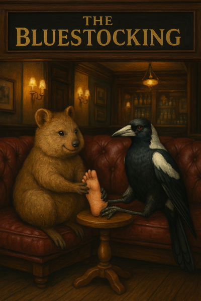 The Bluestocking Arms Women's Pub, where women make friends with Beetles, Androids, Cakes, Dragons, Hedgehogs and other women, where wit and wisdom flourish