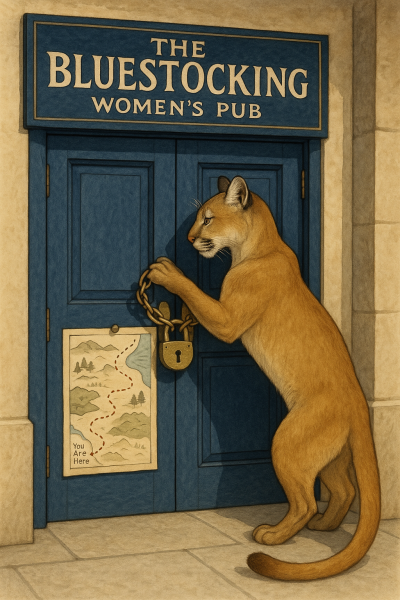 The Bluestocking Arms Women's Pub, where women make friends with Beetles, Androids, Cakes, Dragons, Hedgehogs and other women, where wit and wisdom flourish