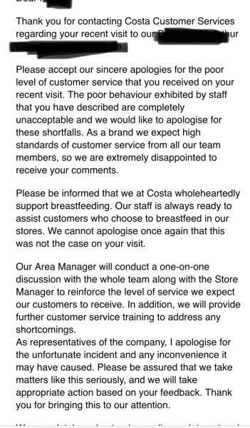 Had to leave Costa as breastfeeding was taking too long