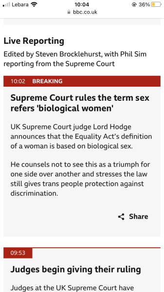 Supreme Court rules the term sex refers to 'biological women'