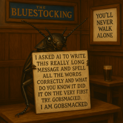 The Bluestocking Arms Women's Pub, where women make friends with Beetles, Androids, Cakes, Dragons, Hedgehogs and other women, where wit and wisdom flourish