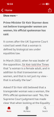 BBC headline: Starmer does not believe TW are women