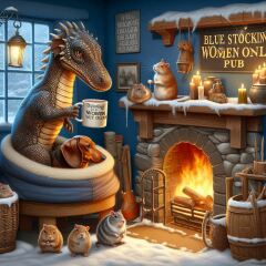The Bluestocking Arms Women's Pub, where women make friends with Beetles, Androids, Cakes, Dragons, Hedgehogs and other women, where wit and wisdom flourish