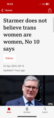 BBC headline: Starmer does not believe TW are women