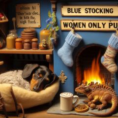 The Bluestocking Arms Women's Pub, where women make friends with Beetles, Androids, Cakes, Dragons, Hedgehogs and other women, where wit and wisdom flourish