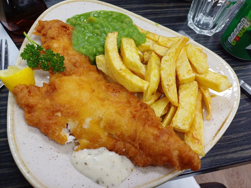 Fish and chips in a cafe