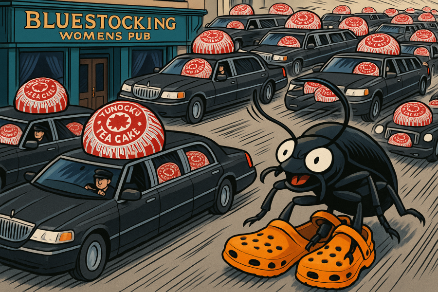 The Bluestocking Arms Women's Pub, where women make friends with Beetles, Androids, Cakes, Dragons, Hedgehogs and other women, where wit and wisdom flourish