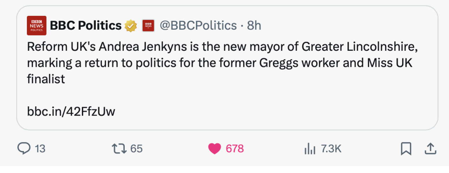 BBC Describe Andrea Jenkyns as a former Greggs Employee and Besuty Quern