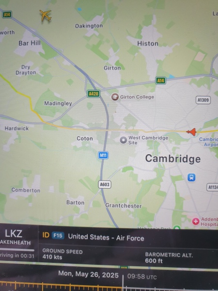 Fighter jet, low, loud and fast over Central Cambridge, UK